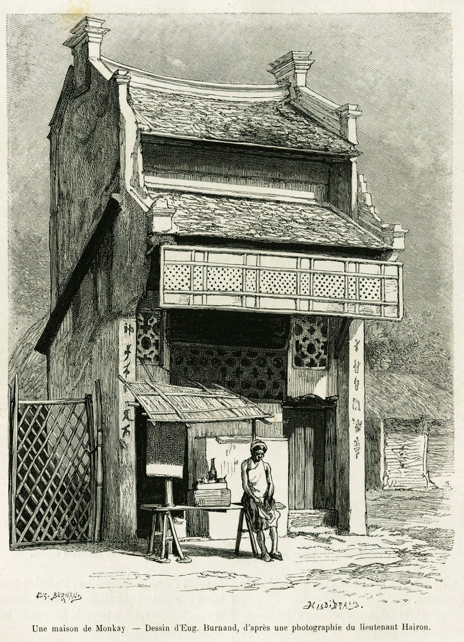 Ett Monkay-hus. Gravyr av Eugene Burnand, för att illustrera historien Sur les frontières du Tonkin, av doktor P.Neiss, i le tour du monde 1888, regisserad av Edouard Charton (1807-1890), Hachette, Paris. av Eugene Burnand