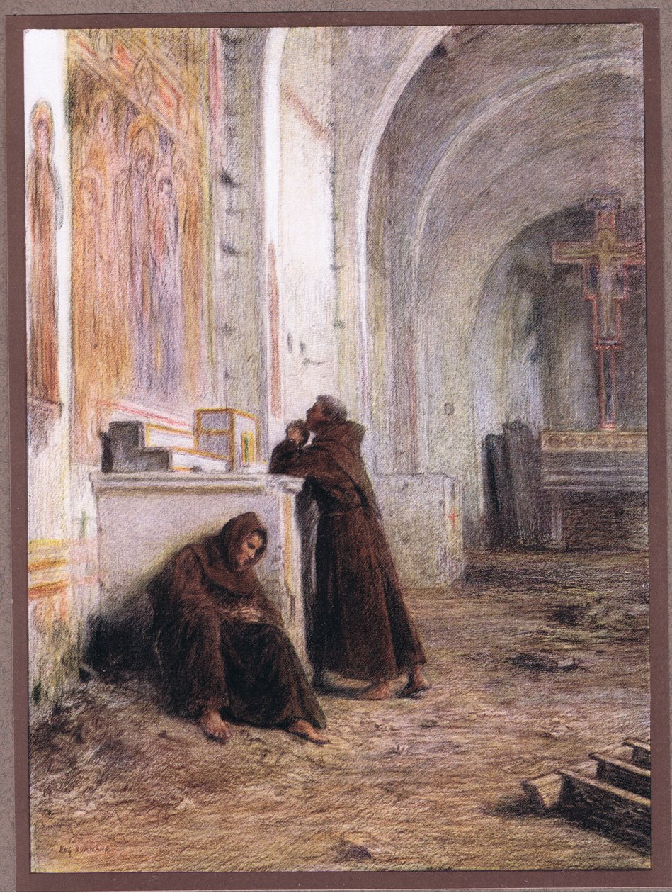 Broder Giles och hans följeslagare svimmar av hunger i en öde kyrka, 1919 av Eugene Burnand