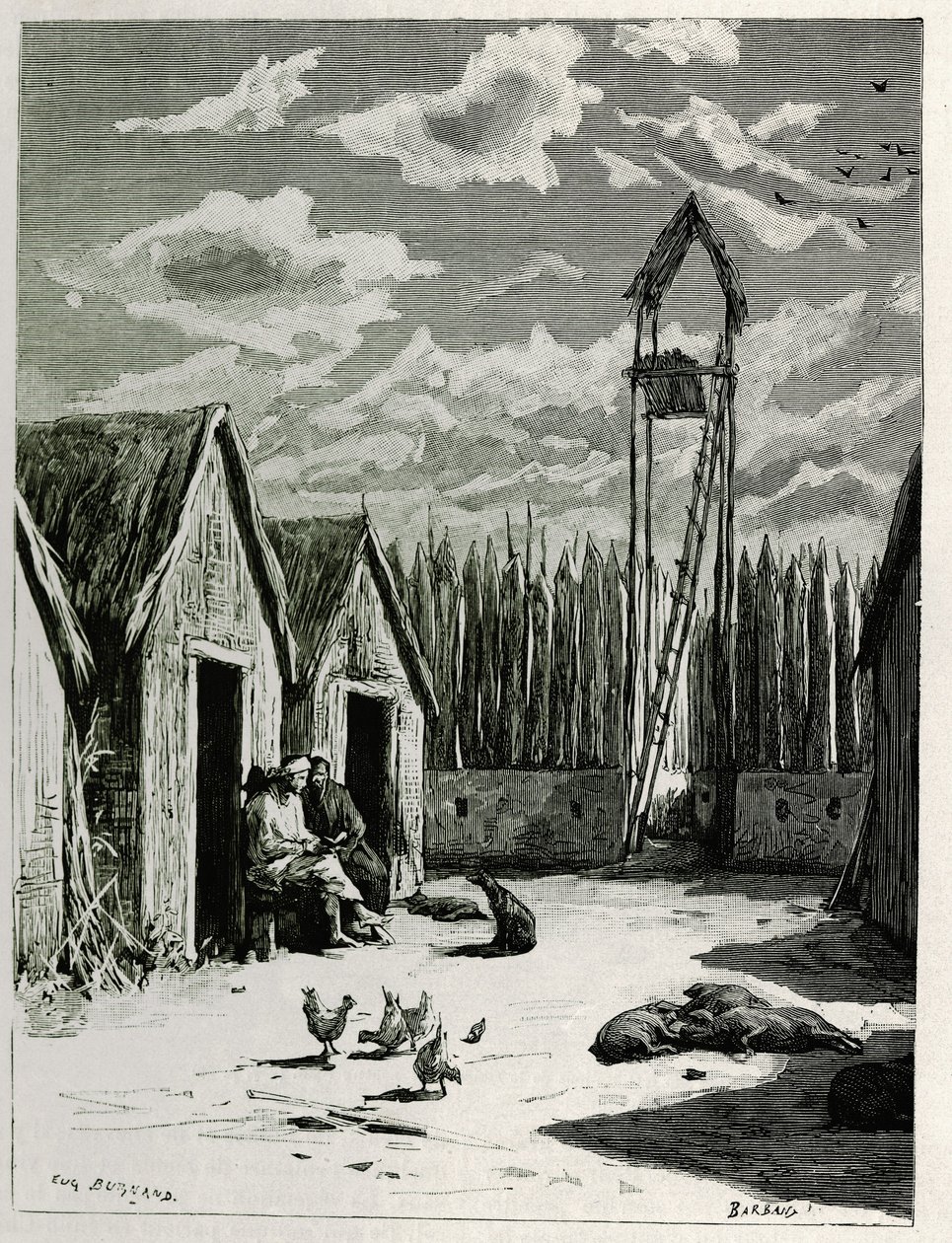 Missionstorget i Meuong Ngan. Gravyr av Eugene Burnand, för att illustrera berättelsen "Resan i övre Laos", 1880, av Dr. P.Neis. Publicerad i Le Tour du monde, nouveau journal des voyages, 2:a terminen 1885, redigerad av Edouard Charton (1807-1890), red. av Eugene Burnand