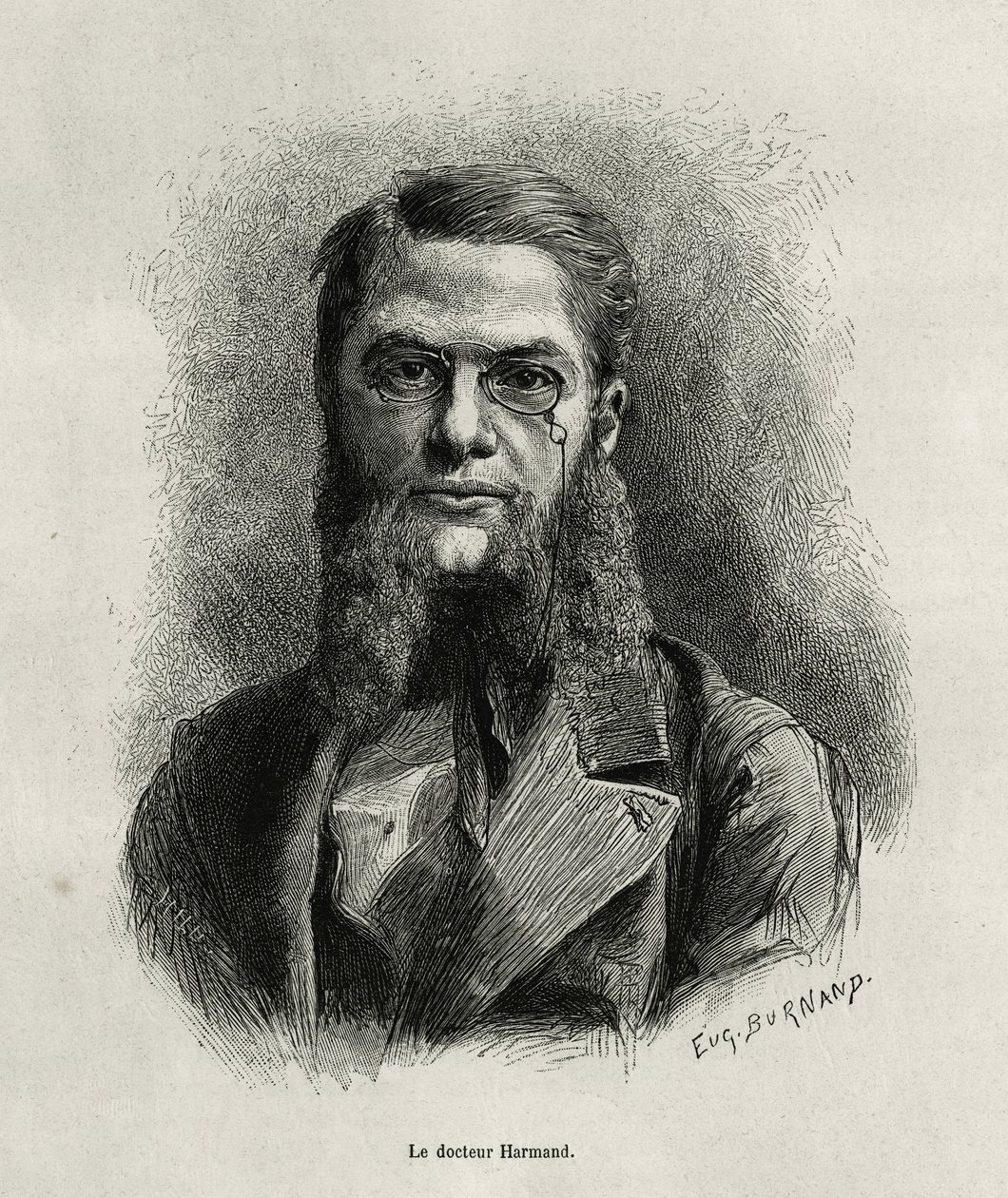 Porträtt av Dr Harmand, gravyr av Eugene Burnand, för att illustrera historien om Laos och de vilda befolkningarna i Indokina av Dr Harmand, 1877, publicerad i tour du monde, under ledning av Edouard Charton av Eugene Burnand