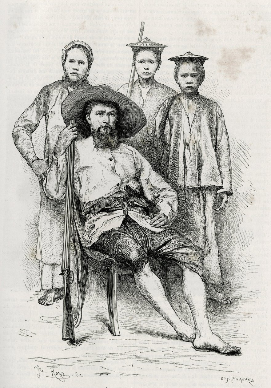 Porträtt av författaren, omgiven av hans reskamrater. Gravyr av Eugene Burnand för att illustrera berättelsen "Journey in Upper Laos", 1880, av Dr. P. Neis. Publicerad i Le Tour du monde, nouveau journal des voyages, 2:a halvåret 1885, redigerad av Edou. av Eugene Burnand