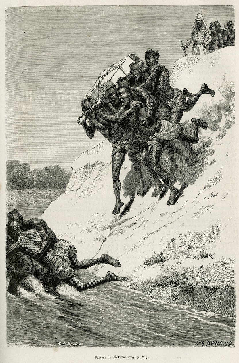 Passagen av Riviere Se Touon (Se Touon), i bakgrunden, ett porträtt av resenärens berättare, graverat efter en teckning av Eugene Burnand, för att illustrera historien om Laos och de vilda befolkningarna i Indokina, av doktor Harmand, 1877 , publicera av Eugene Burnand