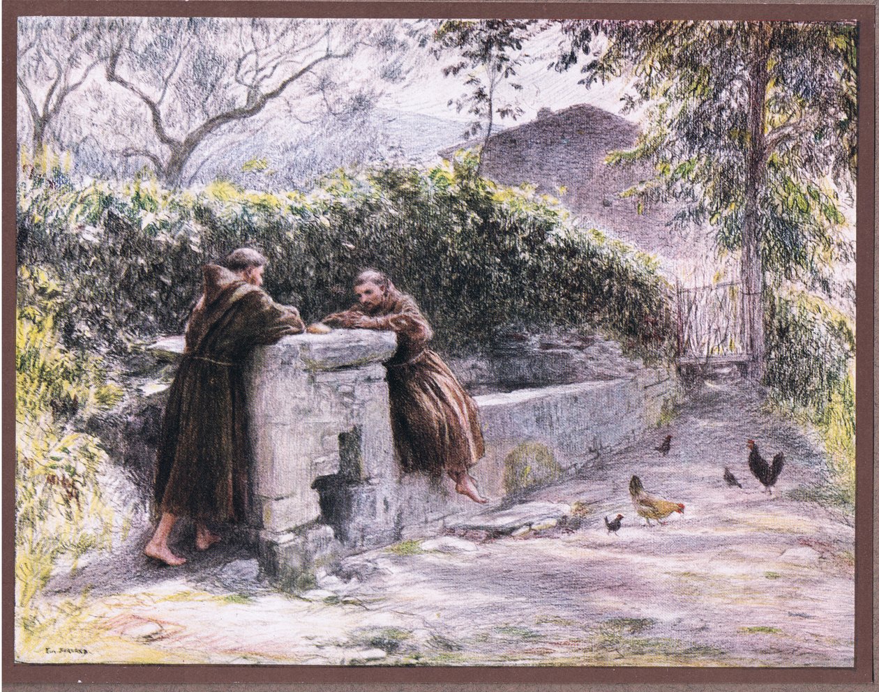 Pasta av St Francis och Friar Masseo vid fontänen. St Francis hyllar fattigdomen, 1919 av Eugene Burnand