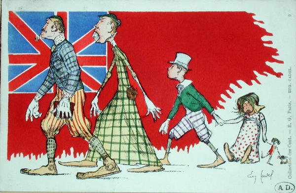 Brittisk familj som uppfattas av fransmännen, vykort (färg litho) av Eugene Cadel