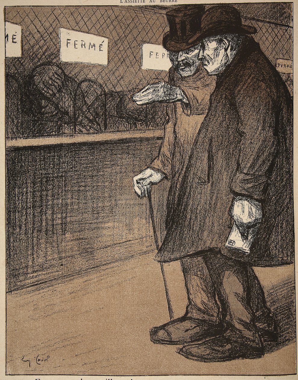 Två äldre herrar som går förbi stängda diskar, illustration från 