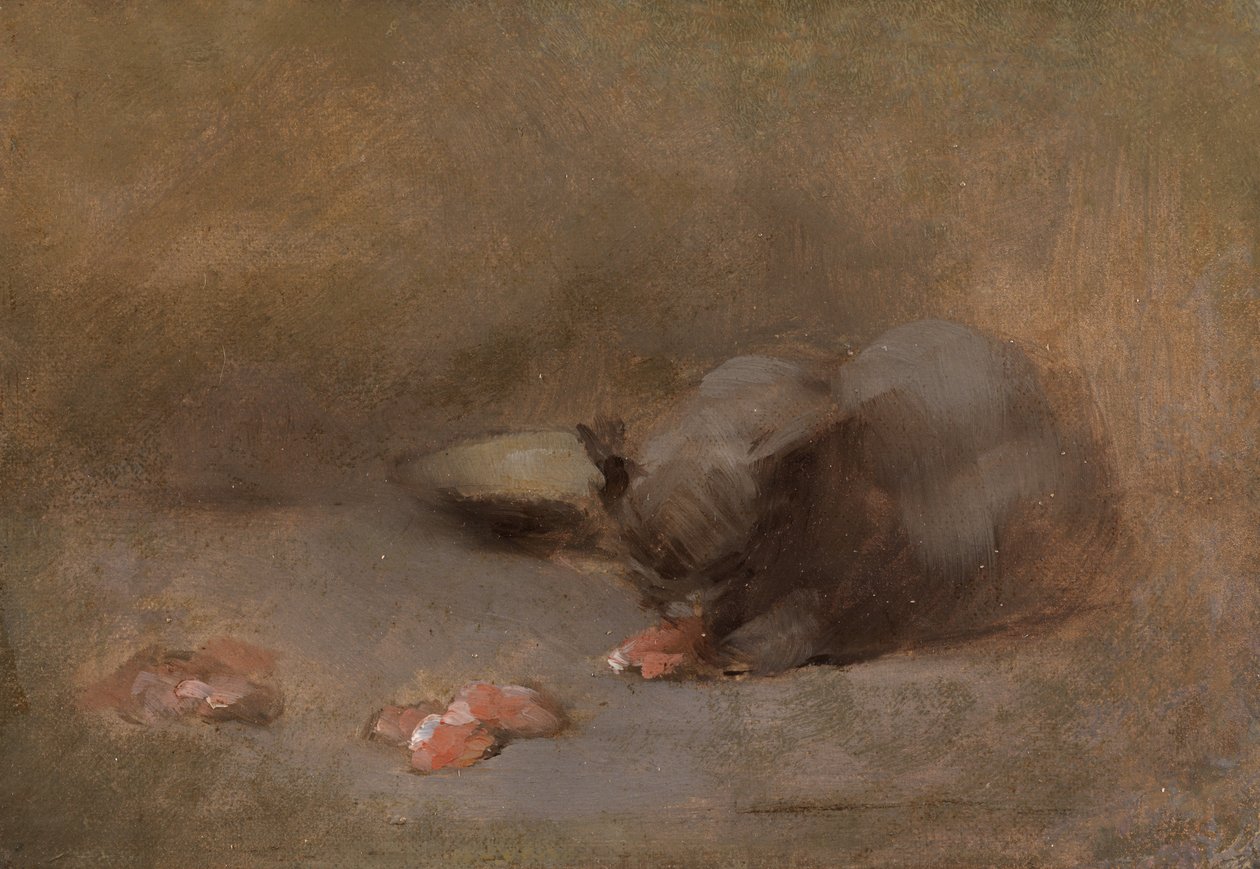 Chat Mangeant (olja på duk läggs ombord) av Eugène Carrière