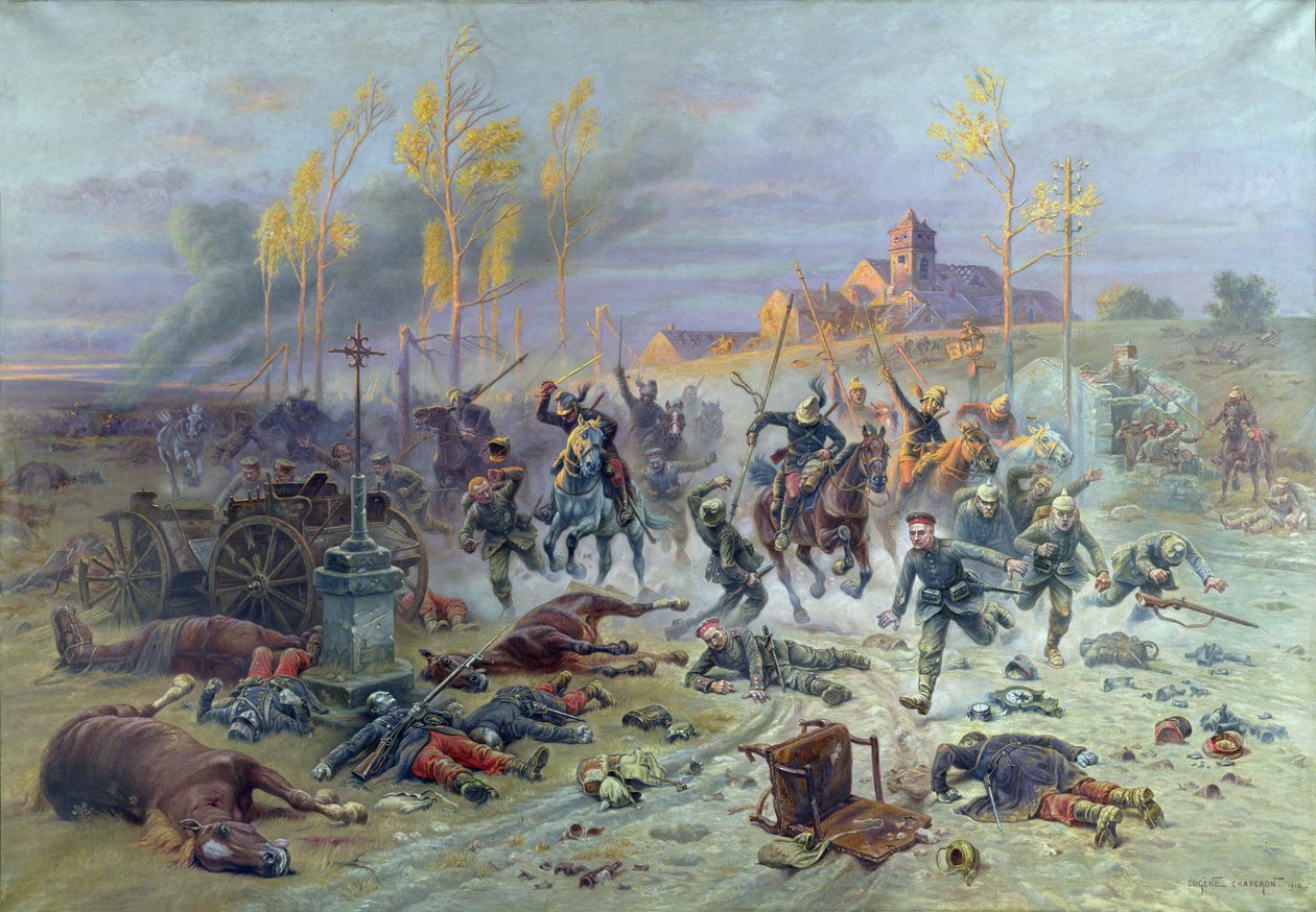 Anklagelsen av franska soldater vid slaget vid Marne, 8 eller 9 september 1914, 1915 av Eugene Chaperon