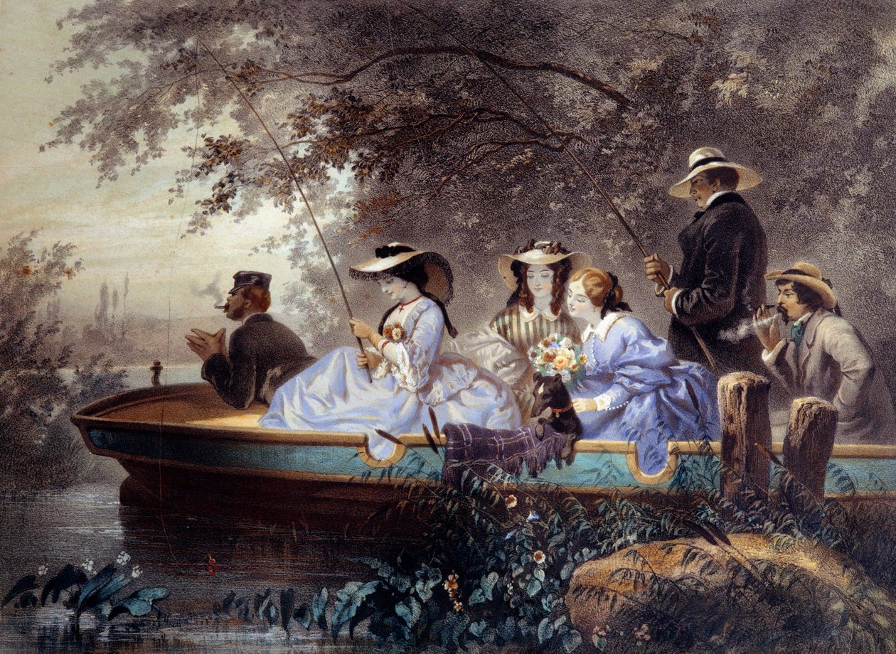En söndag med familjen, fiske i floden Litografi av Eugene Guerard (1821-1866) 1800-talets Paris, Musee Carnavalet av Eugene Charles Francois Guerard