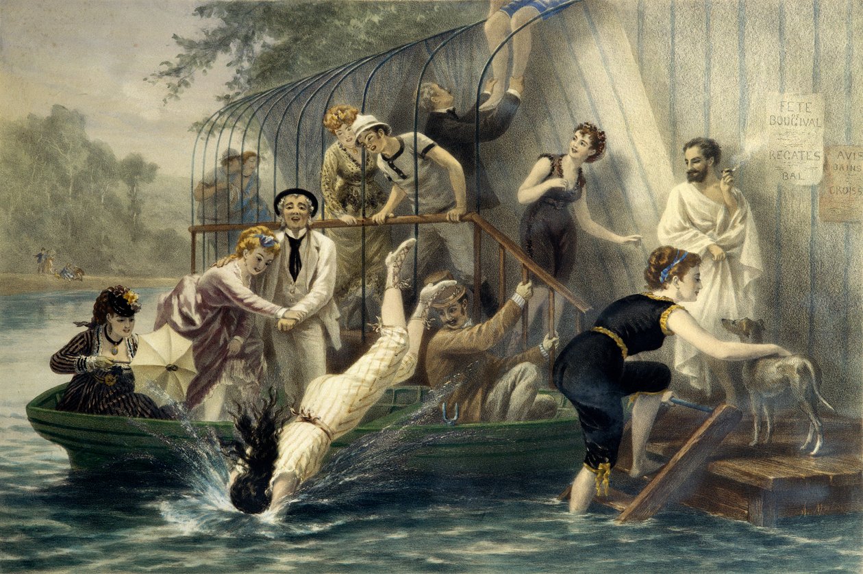 Ah! Det vackra huvudet, en söndag vid vattnet. Kvinna dyker i en baddräkt i vattnet på 1800-talet under skratt från roa sjömän. En kvinna i en båt skyddar sig från repor med sitt paraply. Gravyr av Eugene Guerard (1821-1866). Pr av Eugene Charles Francois Guerard