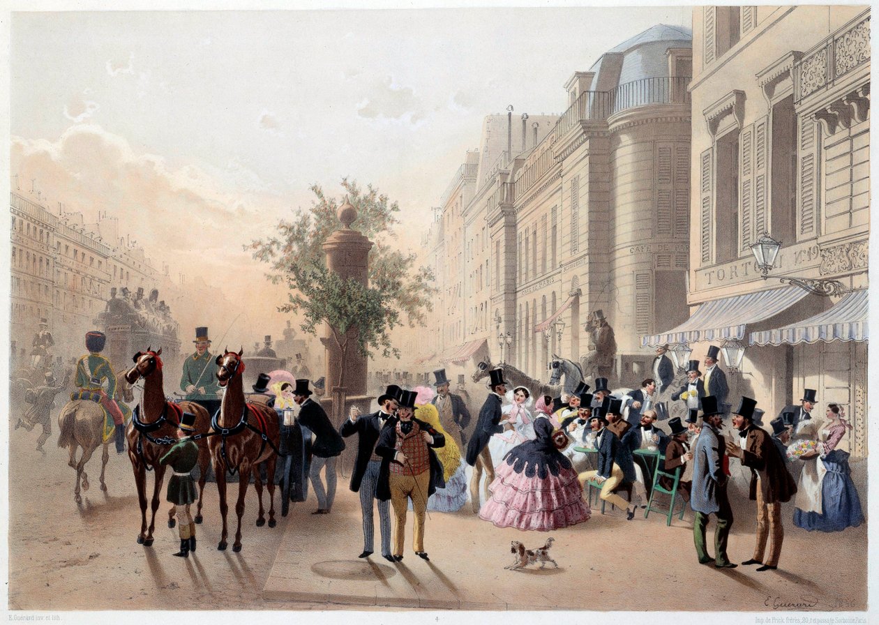 Boulevard des Italians, Cafe Tortoni i Paris på 1800-talet Gravyr av Eugene Guerard av Eugene Charles Francois Guerard