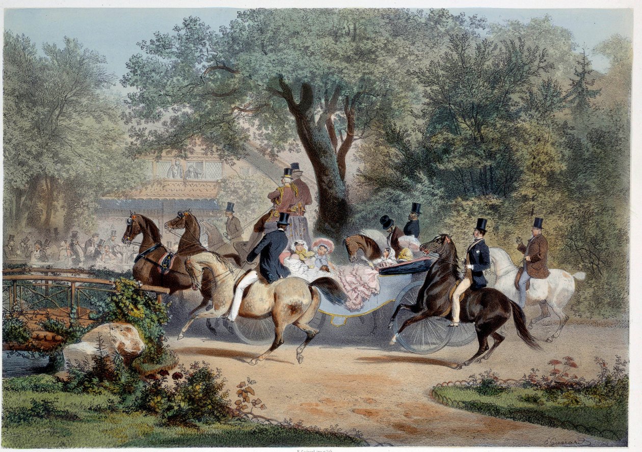 Promenadscen på Le Pre Catelan (Pre-Catelan) i Paris Litografi av Eugene Guerard (1821-1866) 1800-talets Paris, Musee Carnavalet av Eugene Charles Francois Guerard