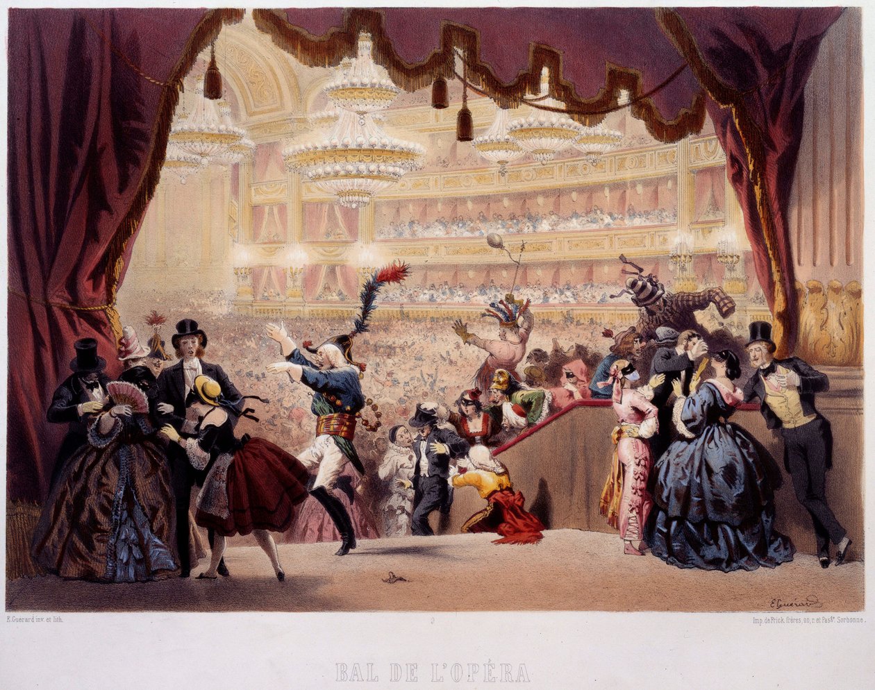 Maskbalen på Opera de la Rue Le Peletier i Paris Denna bal kallades Grand Veglione. Litografi av Eugene von Guerard (1811-1901) 1800-talets Paris, Musee Carnavalet av Eugene Charles Francois Guerard