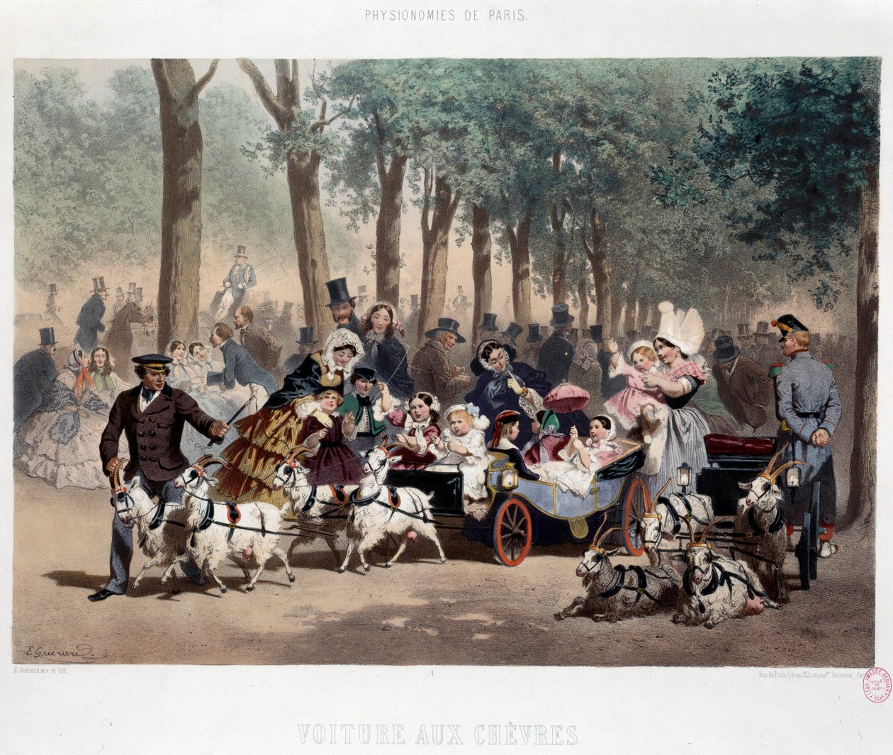 Gå med bil i Tuilerierna i Paris på 1800-talet Litografi av Eugene Guerard (1821-1866) 1800-talets Paris, Musee Carnavalet av Eugene Charles Francois Guerard