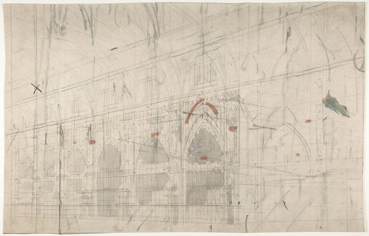 Design för en scenuppsättning på Opéran, Paris: Kyrkans inre, 1830-90. av Eugene Ciceri