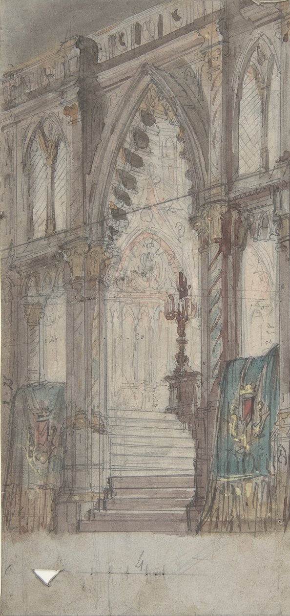 Design för en scenuppsättning på Opéran, Paris: Kyrkans inre, 1830-90. av Eugene Ciceri
