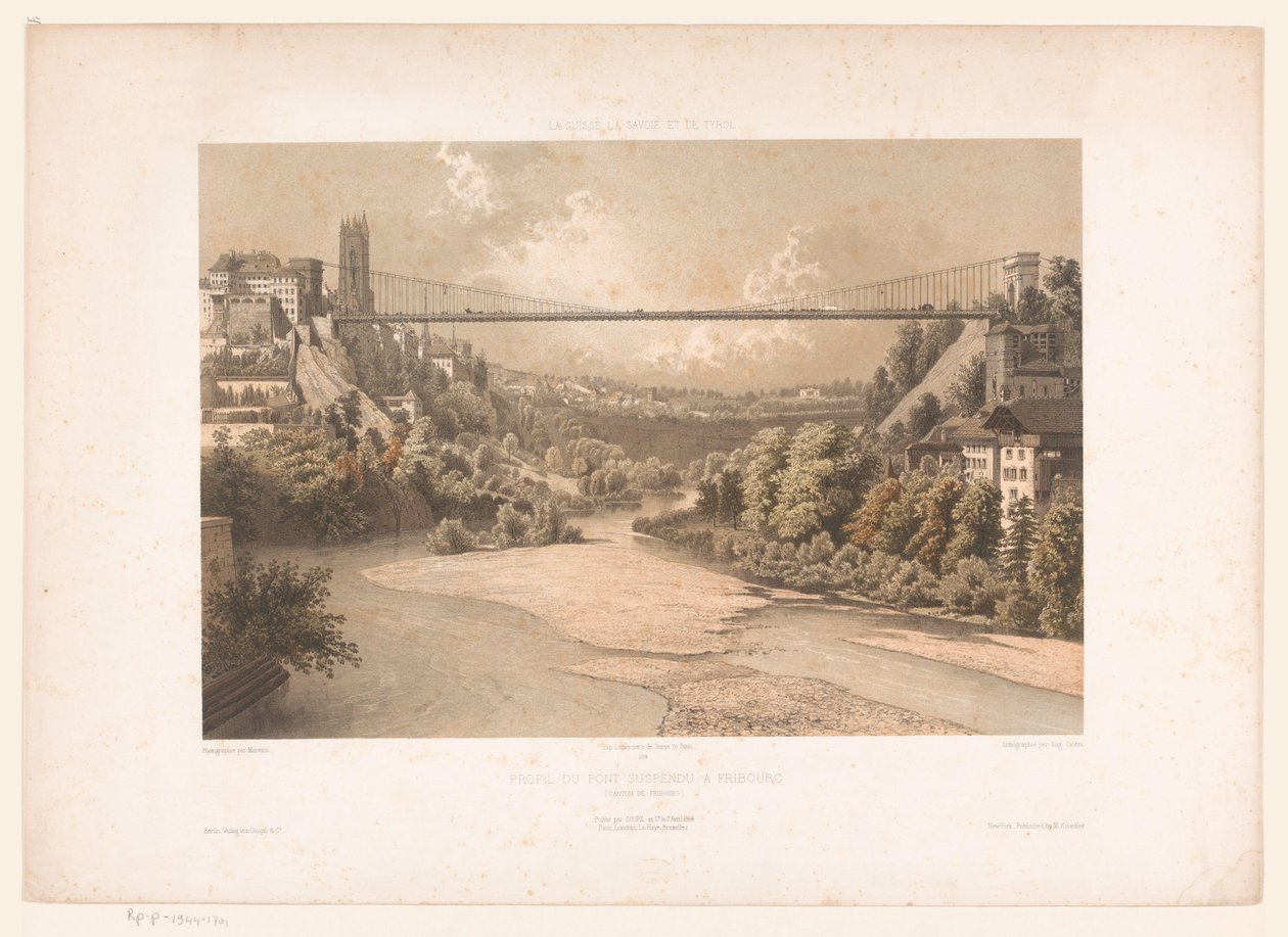 Gezicht op de hangbrug over de Sarine, te Fribourg Schweiz Savojen och Tyrolen / Profil av hängbron i Fribourg (kanton Fribourg) (titel på objekt) av Eugene Ciceri