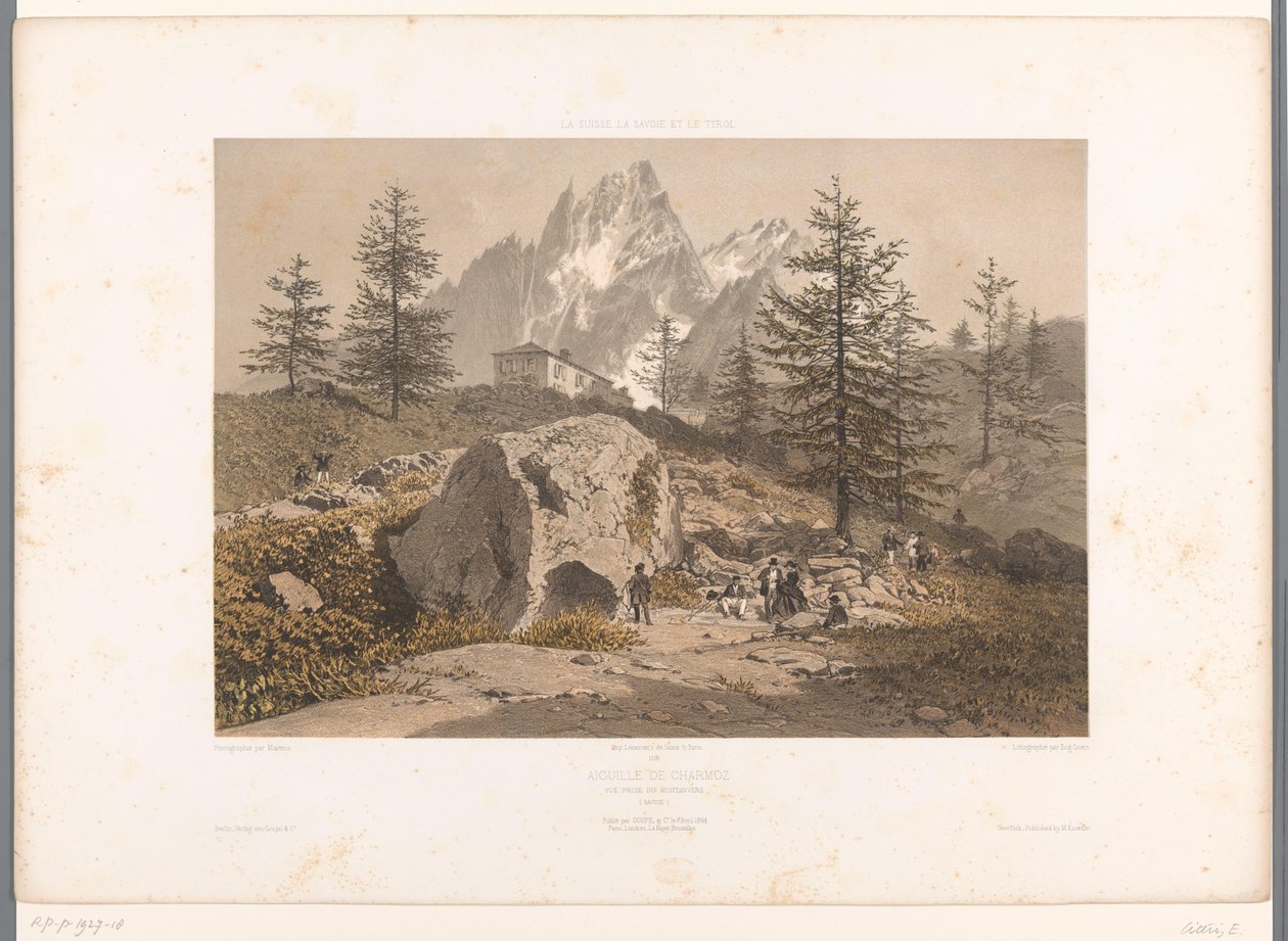 Landskap med vandrare och utsikt över Aiguille des Grands Charmoz Aiguille de Charmoz (titel på objekt) Sevärdheter i Schweiz, Savojen och Tyrolen (serietitel) La Suisse, la Savoie et le Tyrol (serietitel på objekt) av Eugene Ciceri