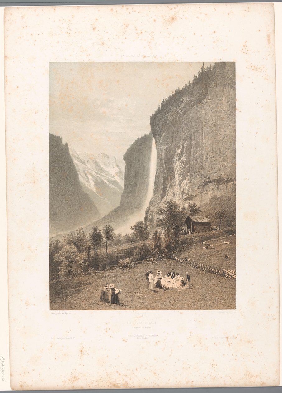 Picknick med utsikt över vattenfallet Staubbach Le Staubbach (titel på objekt) La Suisse et la Savoie (serietitel) Ansikten i Schweiz och Savoy (serietitel på objekt) av Eugene Ciceri