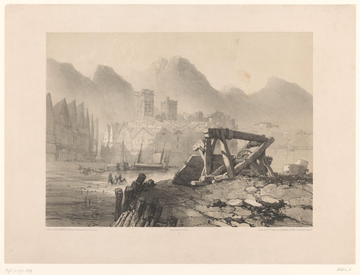 Stadsbild med hamn och berg av Eugene Ciceri
