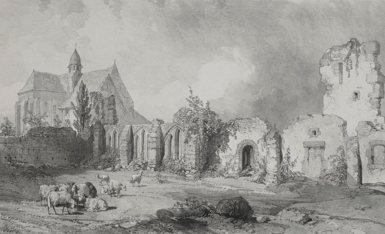 Pittoreska och romantiska resor i det antika Frankrike. Bretagne: Abbey of Relec. av Eugene Ciceri