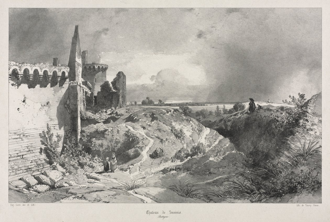 Pittoreska och romantiska resor i det antika Frankrike. Bretagne: Chateau de Susinio. av Eugene Ciceri