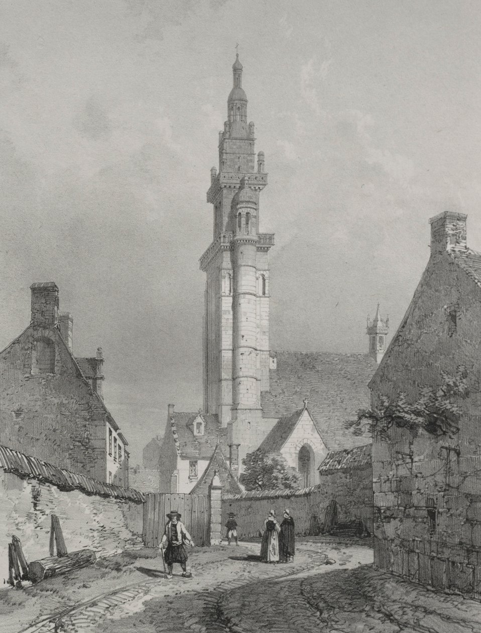 Pittoreska och romantiska resor i det antika Frankrike. Bretagne: Roscoff-kyrkan. av Eugene Ciceri