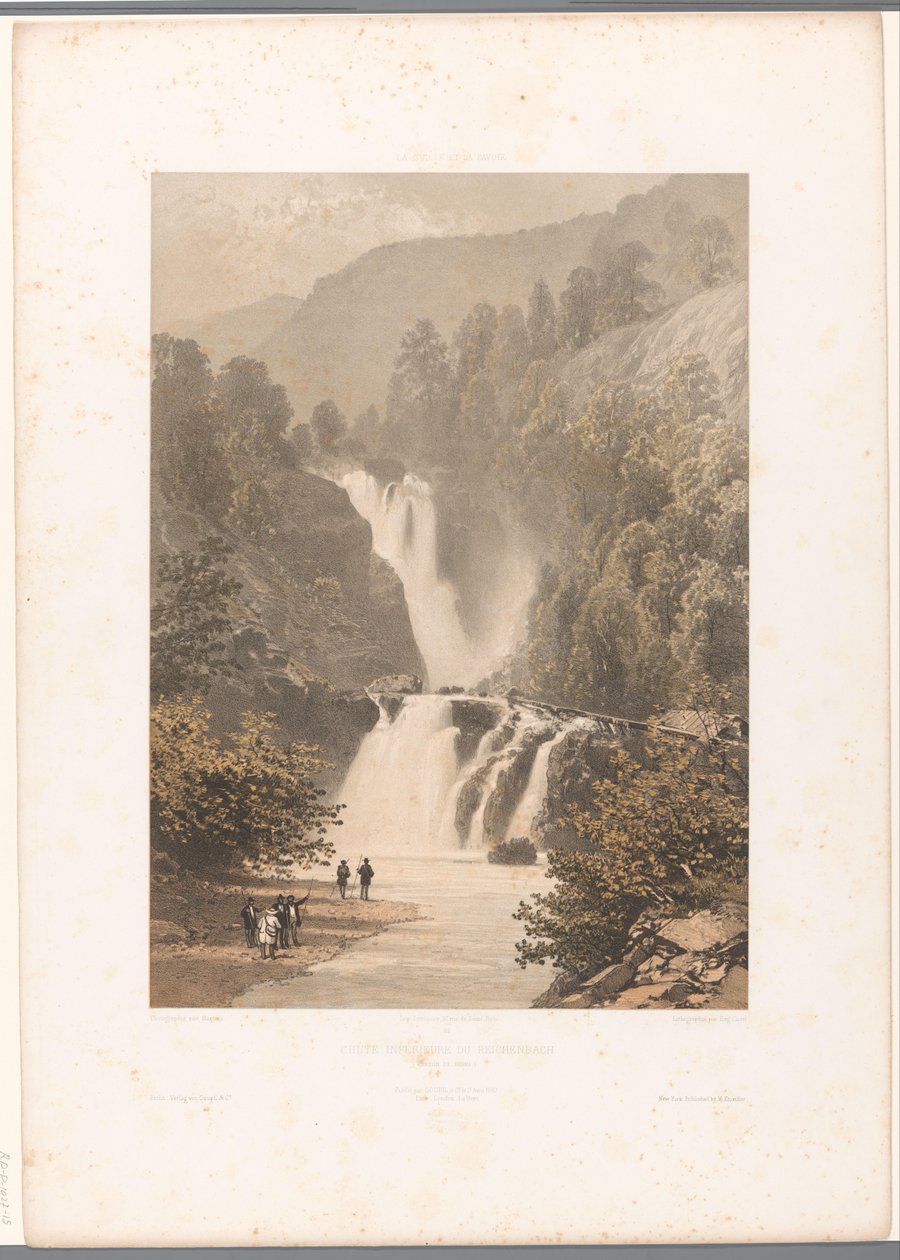 Vandrare med utsikt över vattenfallet Reichenbach Chateau inferior du Reichenbach (titel på objekt) Ansikten i Schweiz och Savoy (serietitel) La Suisse et la Savoie (serietitel på objekt) av Eugene Ciceri