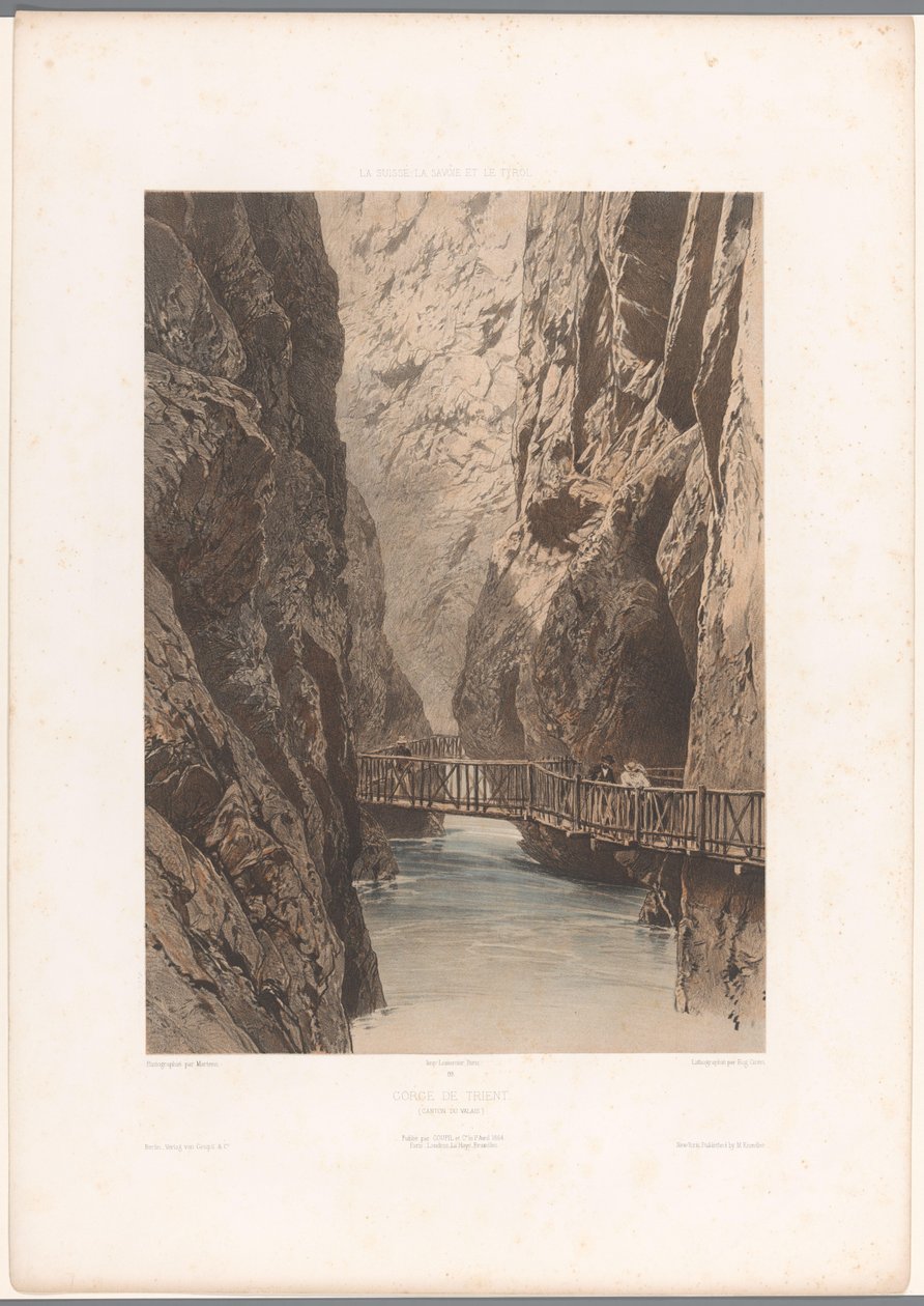 Vandrare på en bro genom Trientschlucht Gorge de Trient (titel på objekt) Ansikten i Schweiz, Savojen och Tyrolen (serietitel) La Suisse, la Savoie et le Tyrol (serietitel på objekt) av Eugene Ciceri