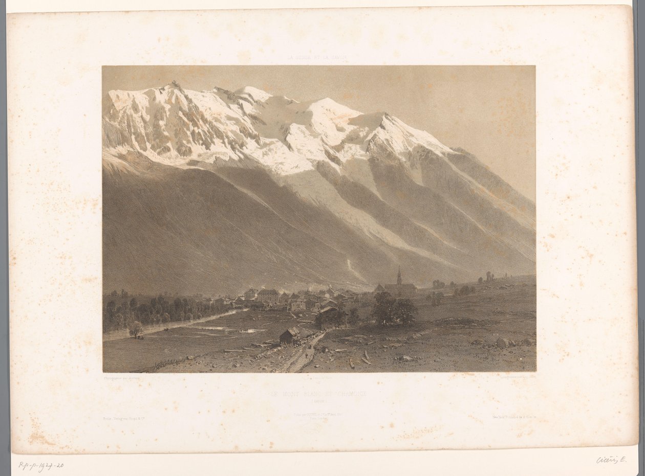 Utsikt över Chamonix vid foten av Mont Blanc Le Mont Blanc et Chamonix (titel på objekt) La Suisse et la Savoie (serietitel) Ansikten i Schweiz och Savoy (serietitel på objekt) av Eugene Ciceri