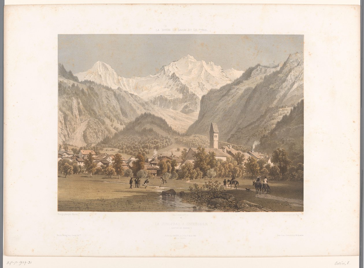 Utsikt över Unterseen och Jungfrau La Jungfrau à Unterseen (titel på objekt) Visningar i Schweiz, Savojen och Tyrolen (serietitel) La Suisse, la Savoie et le Tyrol (serietitel på objekt) av Eugene Ciceri