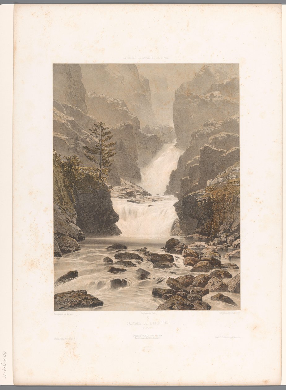 Utsikt över Barberine-vattenfallet nära Vallorcine Cascade de Barberine (titel på objekt) Ansikten i Schweiz, Savojen och Tyrolen (serietitel) La Suisse, la Savoie et le Tyrol (serietitel på objekt) av Eugene Ciceri