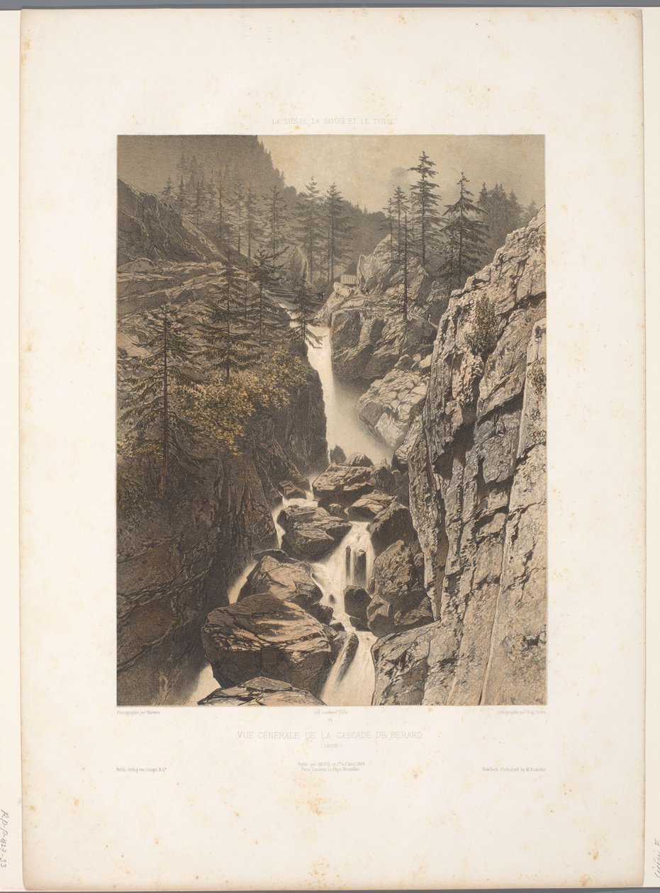 Zicht op de Bérard-waterval Översikt över Cascade de Bérard (titel på objekt) Gezichten i Schweiz, Savoy in Tirol (serietitel) Schweiz, Savojen och Tyrolen (serietitel på objekt) av Eugene Ciceri