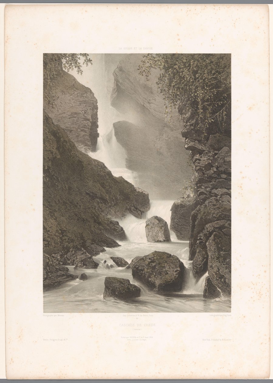 Utsikt över vattenfallet Chède Cascade de Chède (titel på objekt) La Suisse et la Savoie (serietitel) Ansikten i Schweiz och Savoy (serietitel på objekt) av Eugene Ciceri