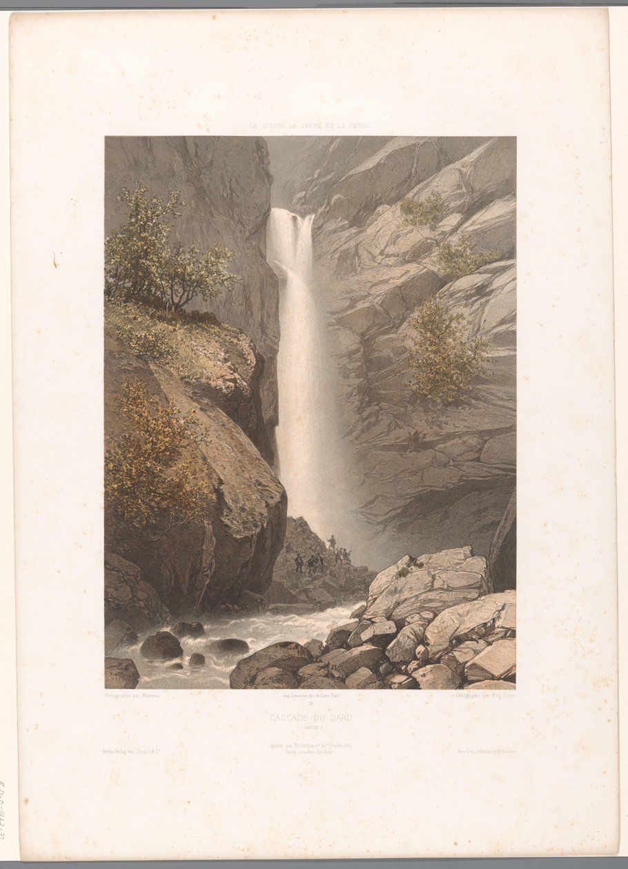Utsikt över vattenfallet Dard Cascade du Dard (titel på objekt) Ansikten i Schweiz, Savojen och Tyrolen (serietitel) La Suisse, la Savoie et le Tyrol (serietitel på objekt) av Eugene Ciceri