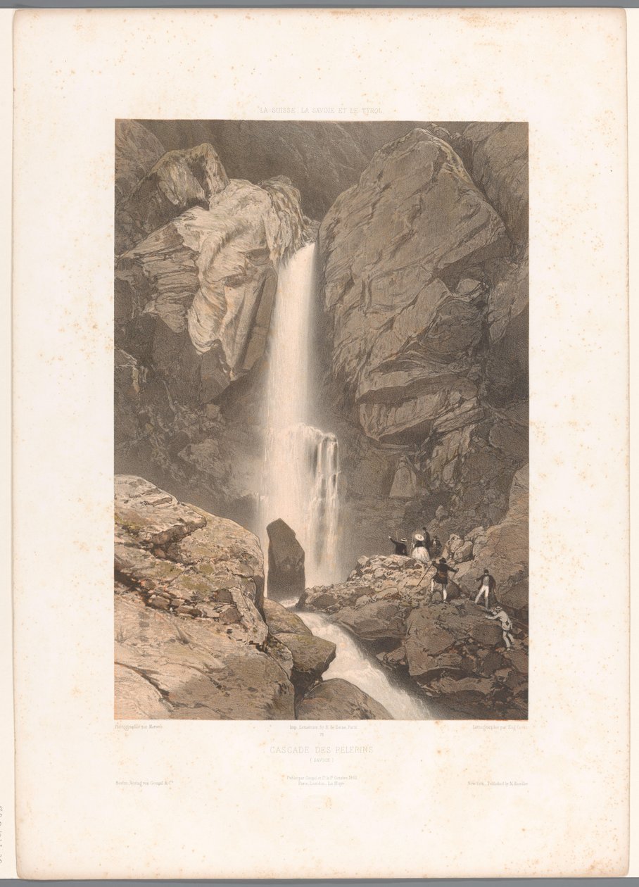Utsikt över vattenfallet Pélerins Cascade des Pelerins (titel på objekt) Ansikten i Schweiz, Savojen och Tyrolen (serietitel) La Suisse, la Savoie et le Tyrol (serietitel på objekt) av Eugene Ciceri