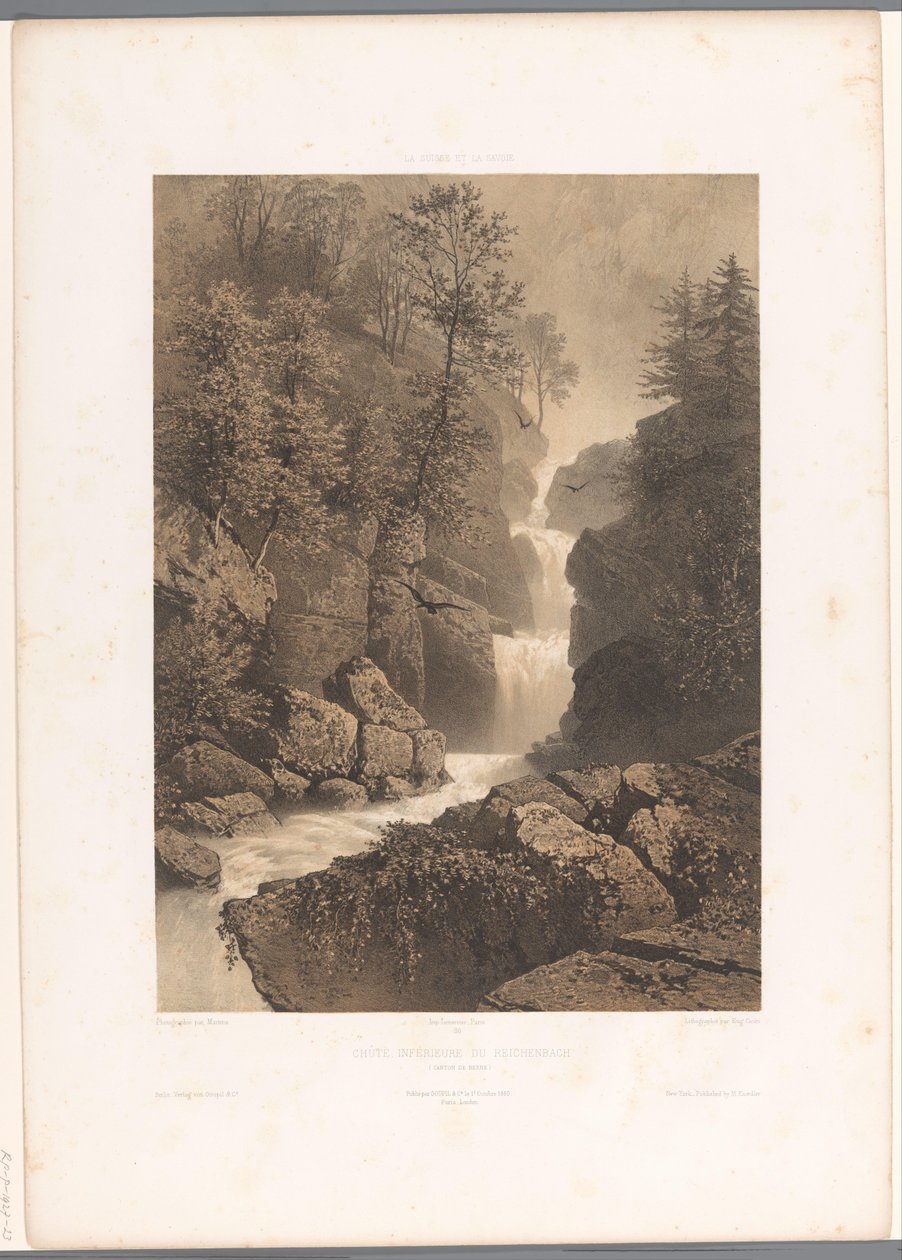 Utsikt över vattenfallet Reichenbach Chûte, inferior du Reichenbach (titel på objekt) Ansikten i Schweiz och Savoy (serietitel) La Suisse et la Savoie (serietitel på objekt) av Eugene Ciceri