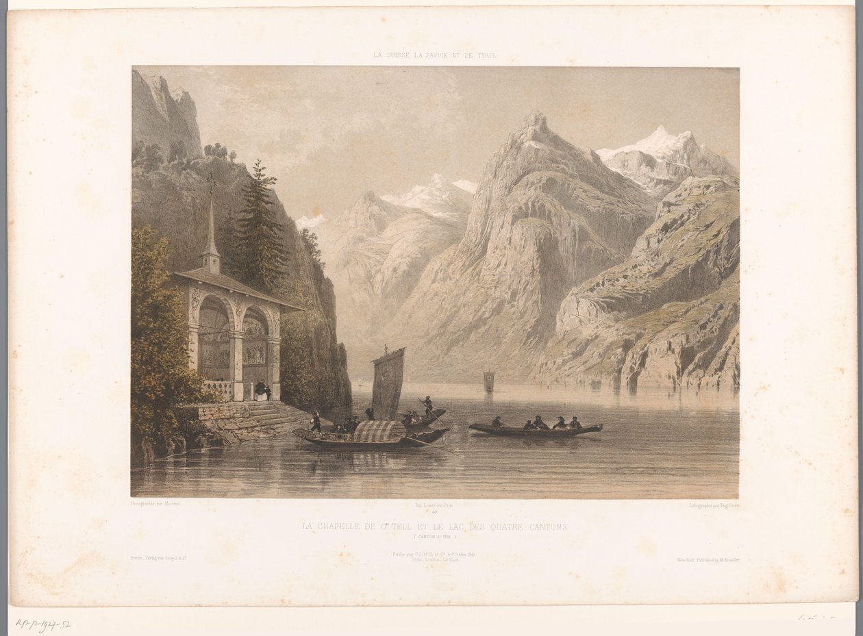 Utsikt över Tells-kapellet vid Luzernsjön La Chapelle de G.me Tell et le lac des Quatre-Cantons (titel på objekt) Visningar i Schweiz, Savojen och Tyrolen (serietitel) La Suisse, la Savoie et le Tyrol (serietitel på objekt) av Eugene Ciceri