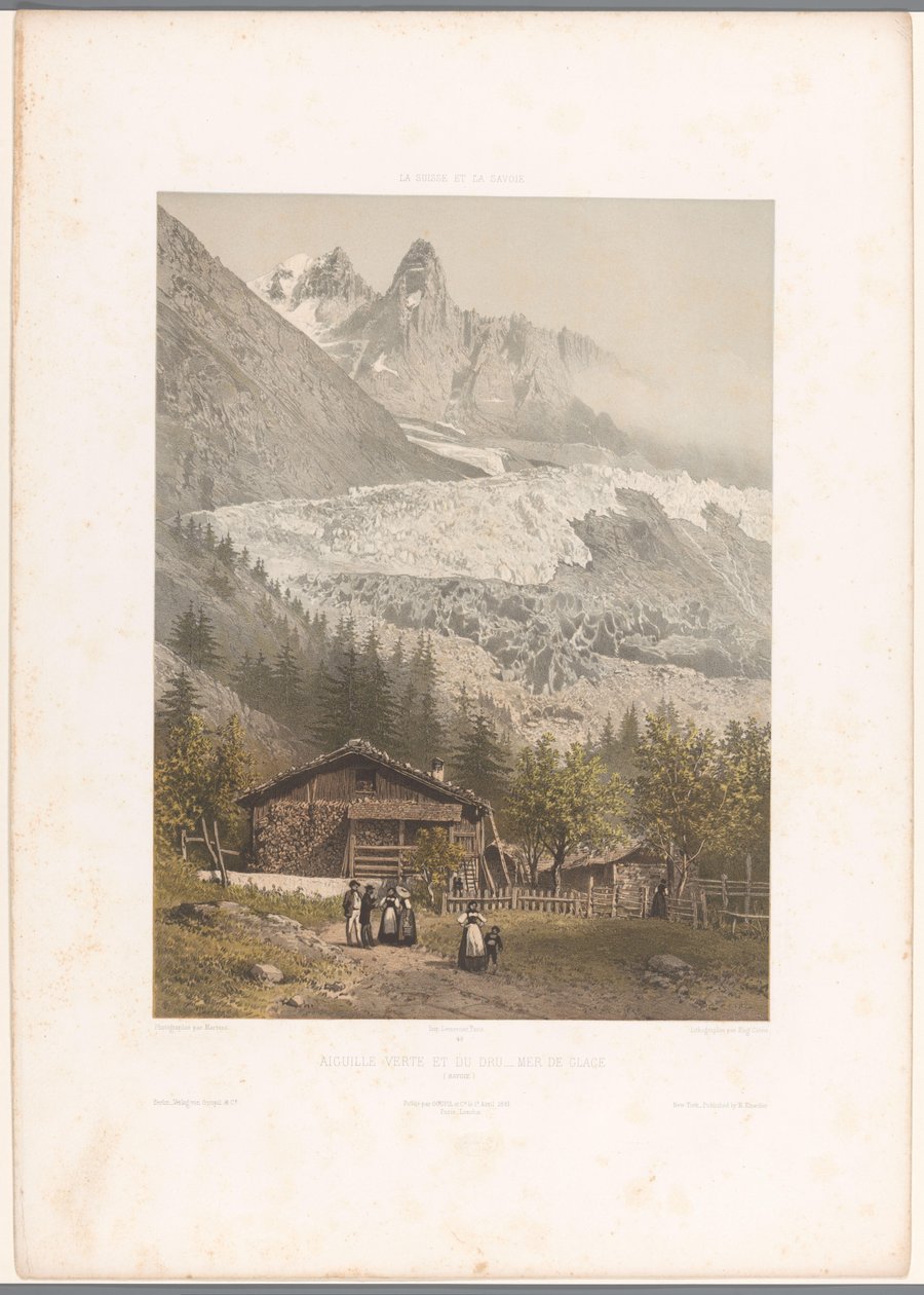 Utsikt över bergstopparna Aiguille Verte och Dru och glaciären Mer-de-Glace Aiguille verte et du Dru - Mer de Glace (titel på objekt) Ansikten i Schweiz och Savoy (serietitel) La Suisse et la Savoie (serietitel på objekt) av Eugene Ciceri