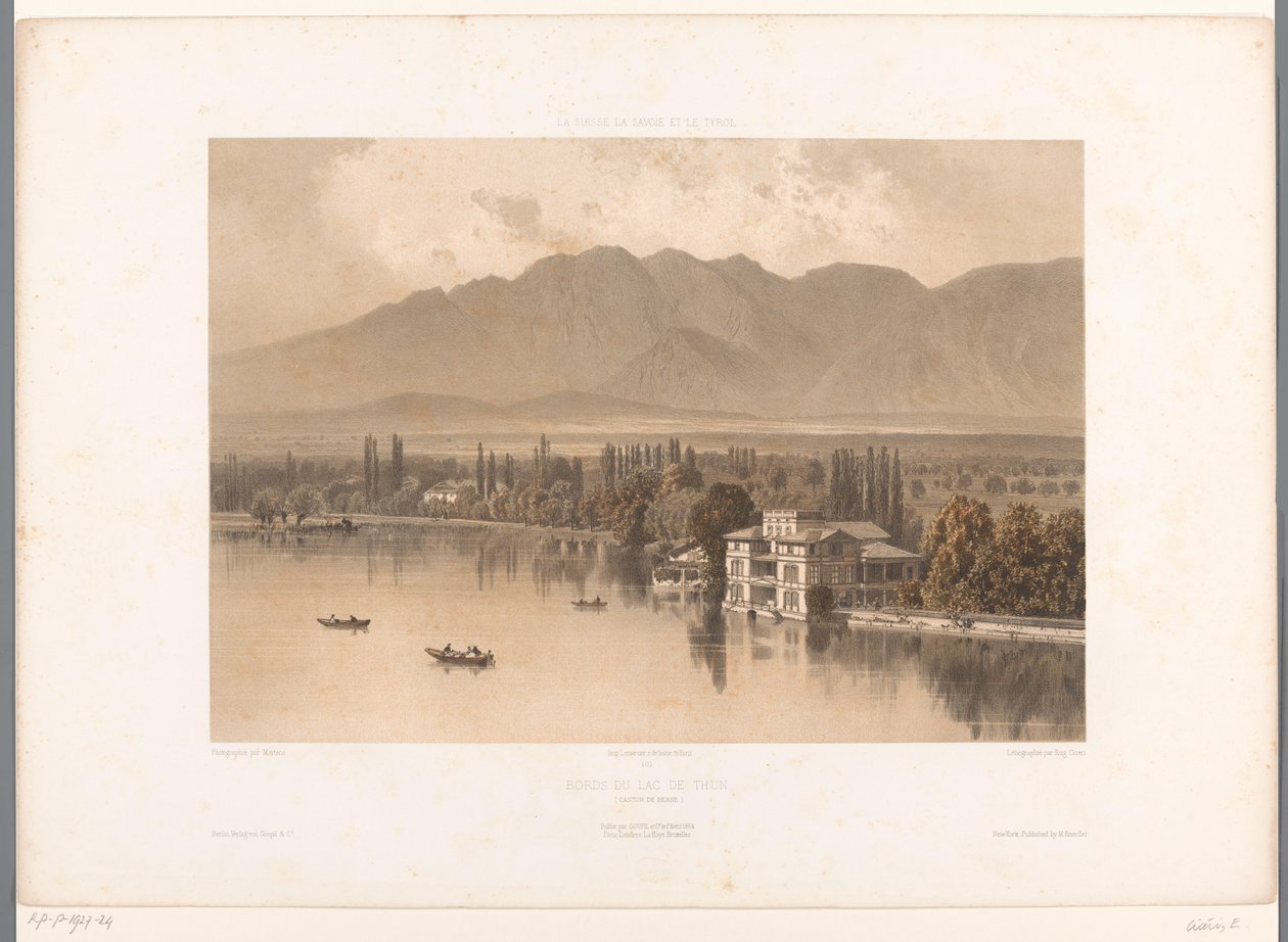 Utsikt över Thunsjöns strand Bords du Lac de Thun (titel på objekt) Ansikten i Schweiz, Savojen och Tyrolen (serietitel) La Suisse, la Savoie et le Tyrol (serietitel på objekt) av Eugene Ciceri