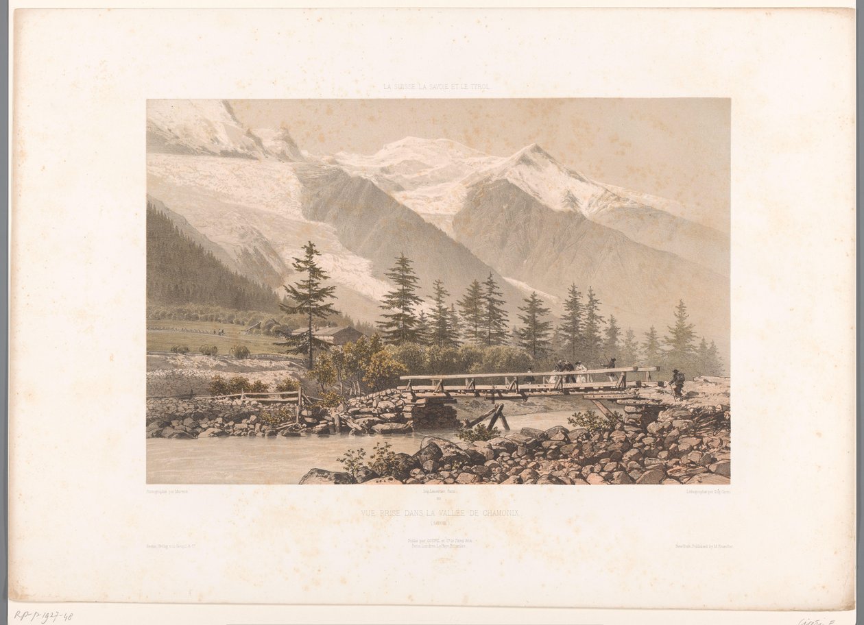 Utsikt över Chamonixdalen med floden Arve Vue pris dans la Vallée de Chamonix (titel på objekt) Ansikten i Schweiz, Savojen och Tyrolen (serietitel) La Suisse, la Savoie et le Tyrol (serietitel på objekt) av Eugene Ciceri