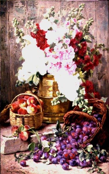 Stilleben med blommor i en mässingsurna och frukt i korgar av Eugene Claude