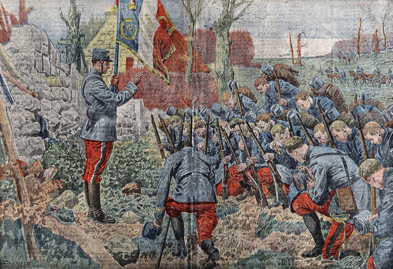 En flaggbärande präst ger absolution till officerarna och soldaterna i hans regemente när de ger sig ut för att attackera. I "Le pelerin"" från 1915. av Eugene Damblans