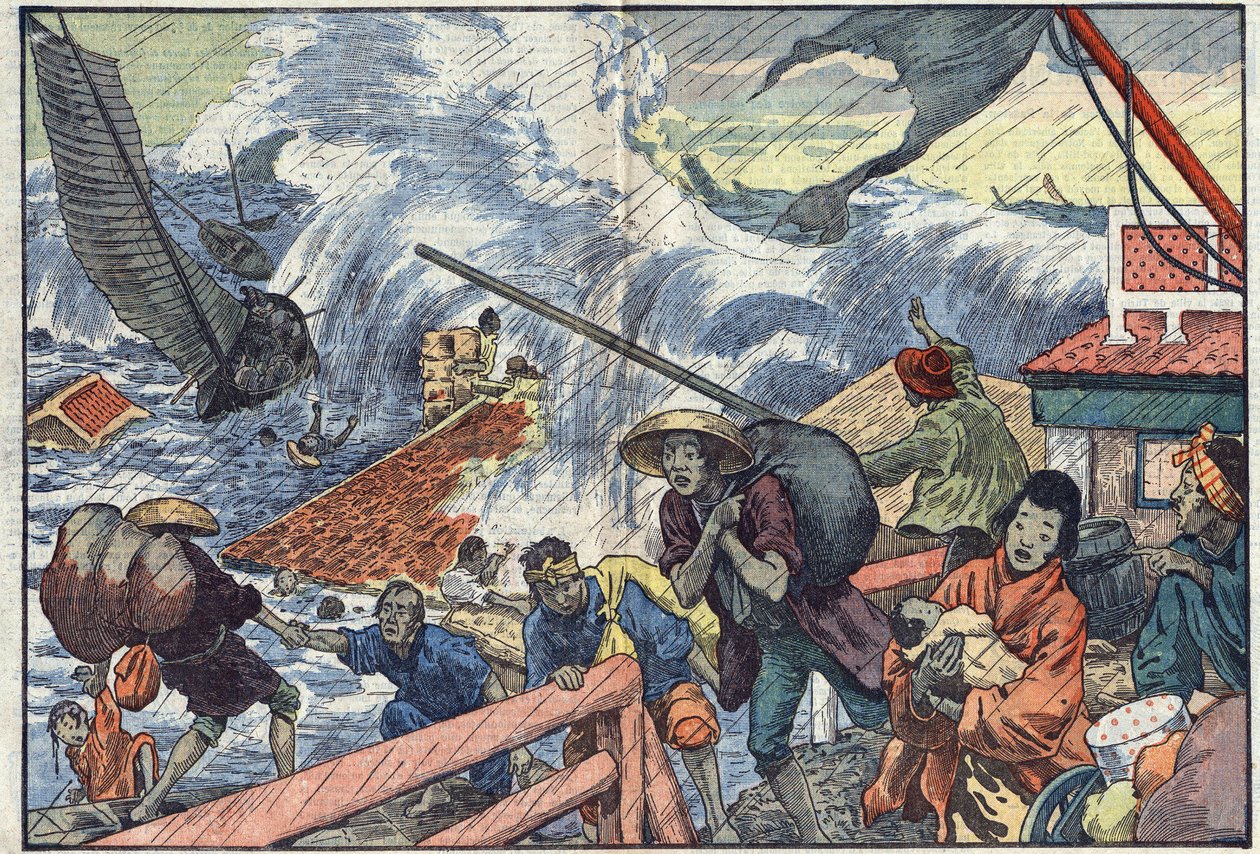 En maree raz och en tyfon drabbade Japan. Illustration av simning. I "Le Pelerin"" i oktober av Eugene Damblans