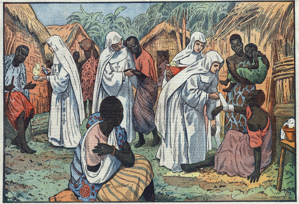 Om invigningen, på Lateranpalatset, i Rom, av de vita systrarnas museer i en by i Ekvatorialafrika där de katekes och vårdar de sjuka. Illustration av Damblans. I "" Le Pelerin"" den 29 januari av Eugene Damblans
