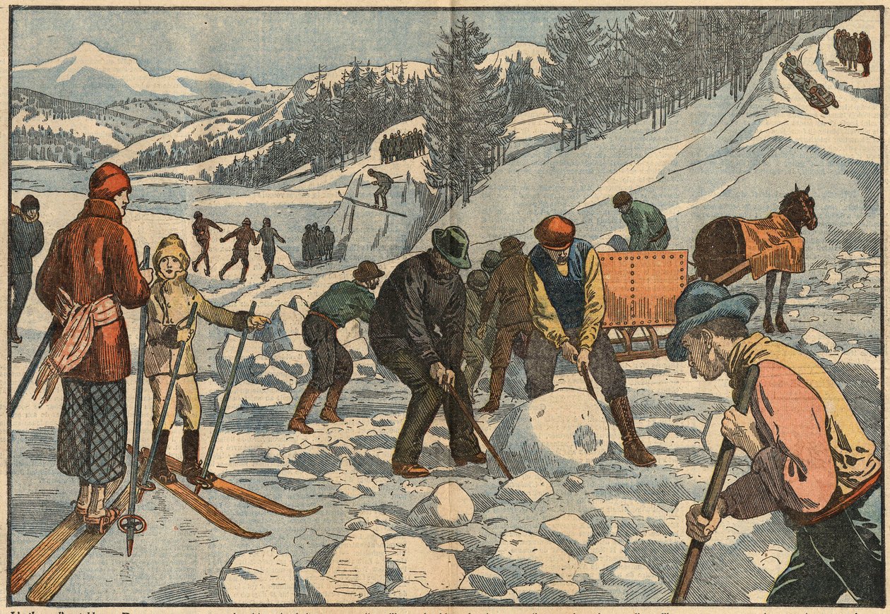 Alpinvånare samlar isblock på vintern för sommaren. I bakgrunden utövar män vintersport. Illustration av Damblans. I "" Le Pelerin"" den 18 december av Eugene Damblans