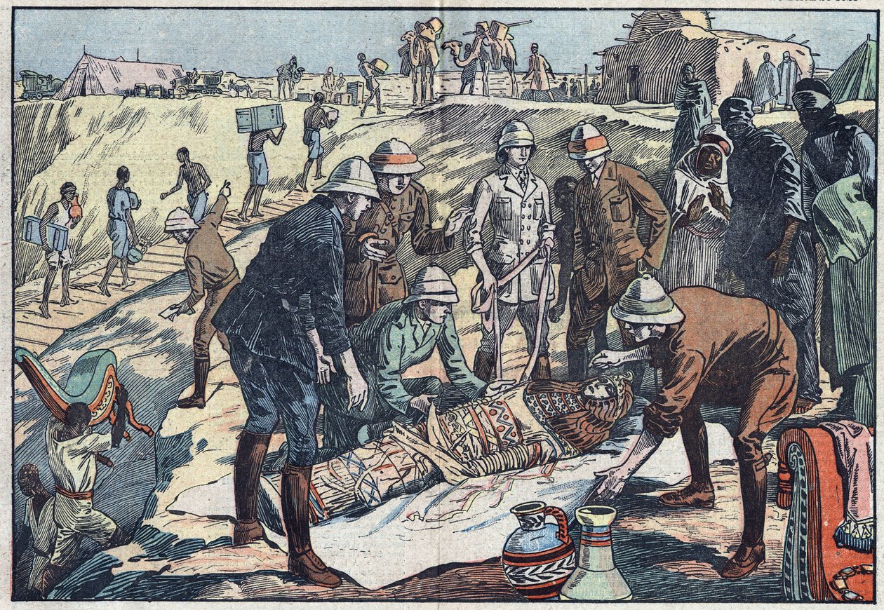 En engelsk mission, beställd av Earl Byron de Prorok (1896-1954), en arkeolog, upptäckte Tin-Hahans grav i Hoggar. Illustration av Damblans. I "" Le Pelerin"" av den 20 december 1925. av Eugene Damblans