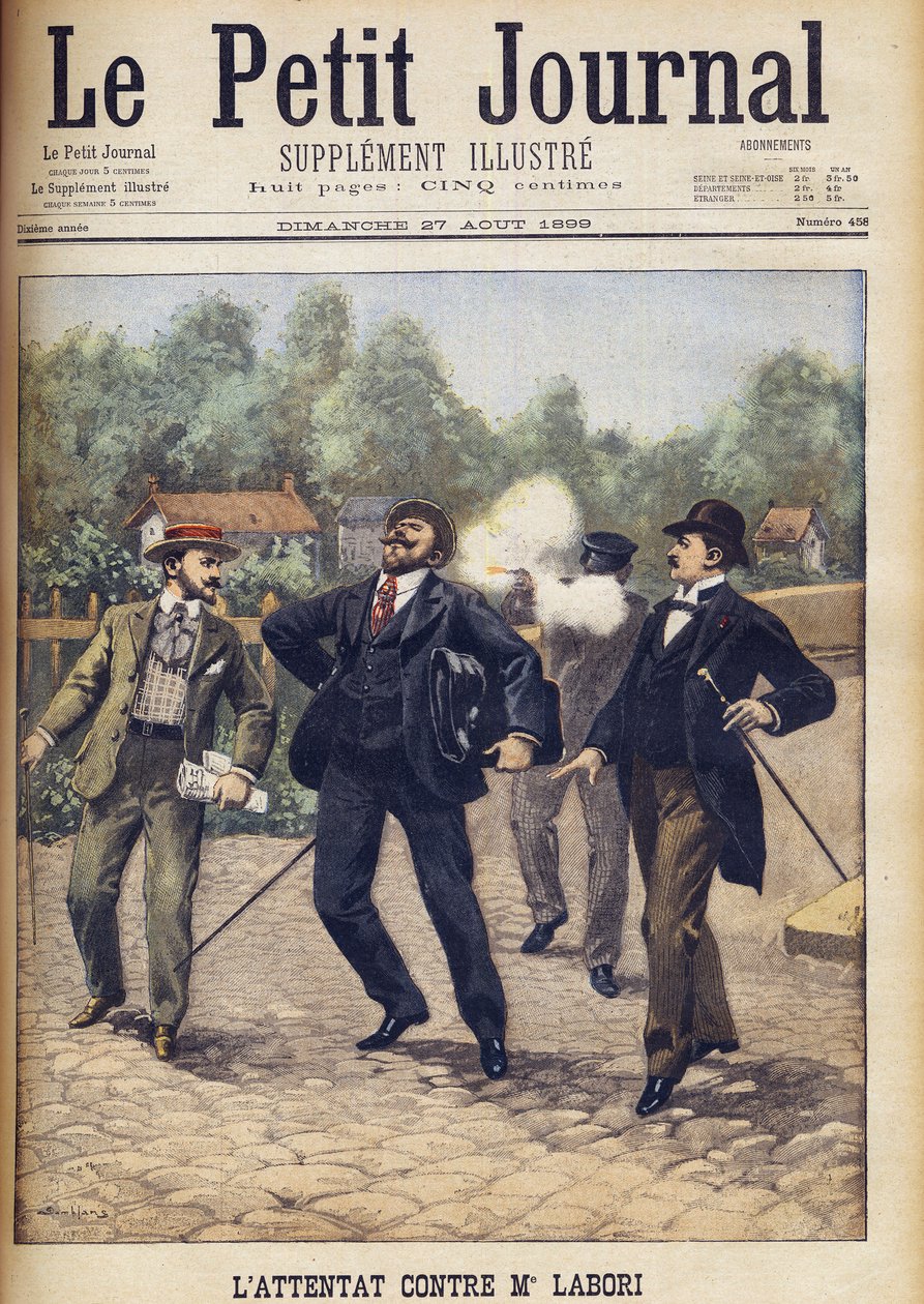 Mordförsök på Fernand Labori, en av advokaterna som försvarade Alfred Dreyfus vid hans andra krigsrätt i Rennes "Le Petit Journal", augusti 1899. av Eugene Damblans