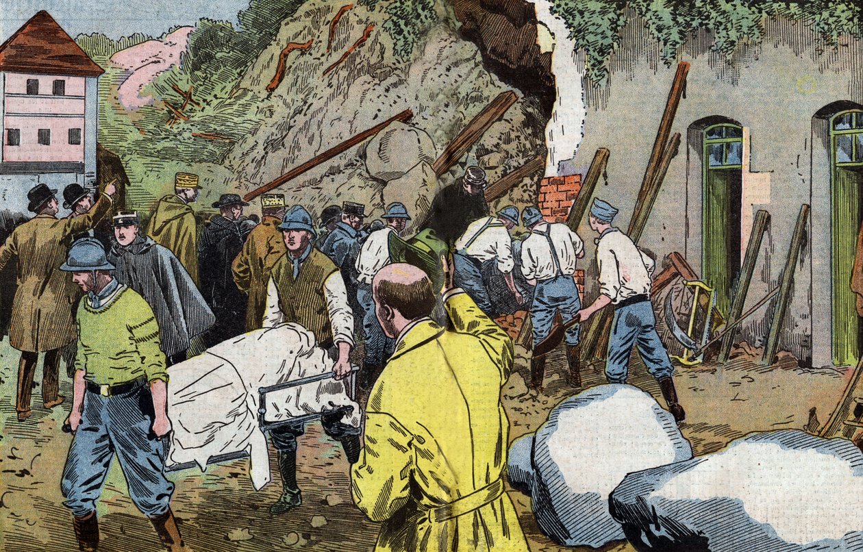Kroppen av den amerikanske generalen Dunlop död för att han räddade Mrs Briant under kollaps av uthus på slottet Fariniere (Frankrike) teckning av Damblans från fransk tidning "Le Pelerin" 7 juni av Eugene Damblans