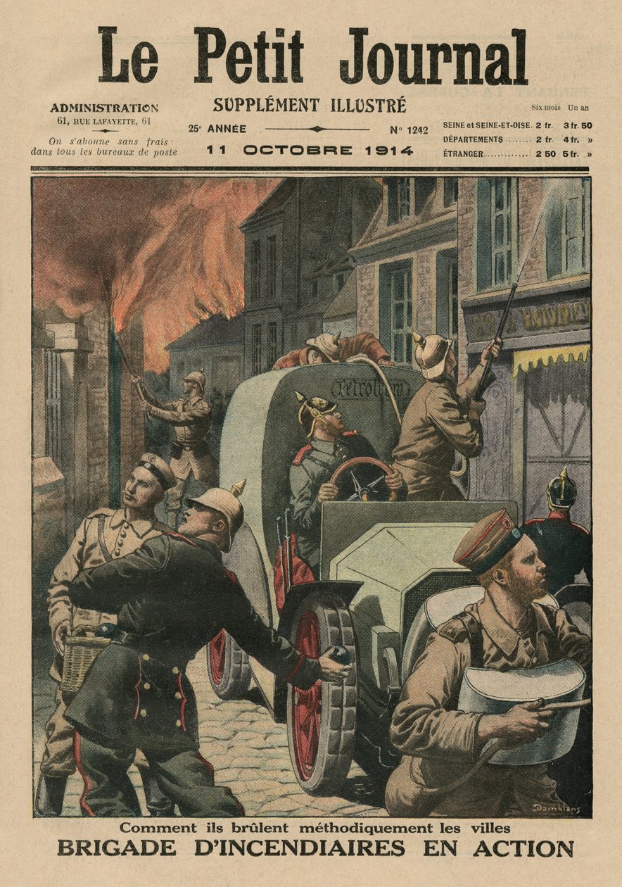 Brigad av mordbrännare på jobbet, hur de metodiskt sätter eld på städer, framsidans illustration från 