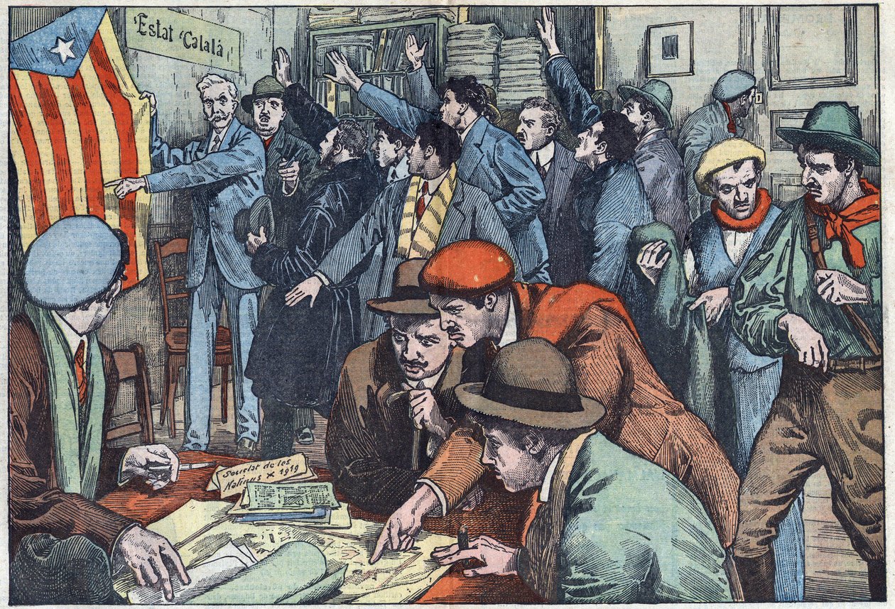 Katalanska separatister förbereder sin komplott i Paris. Illustration av Damblans. I "" Le Pelerin"" den 28 november av Eugene Damblans